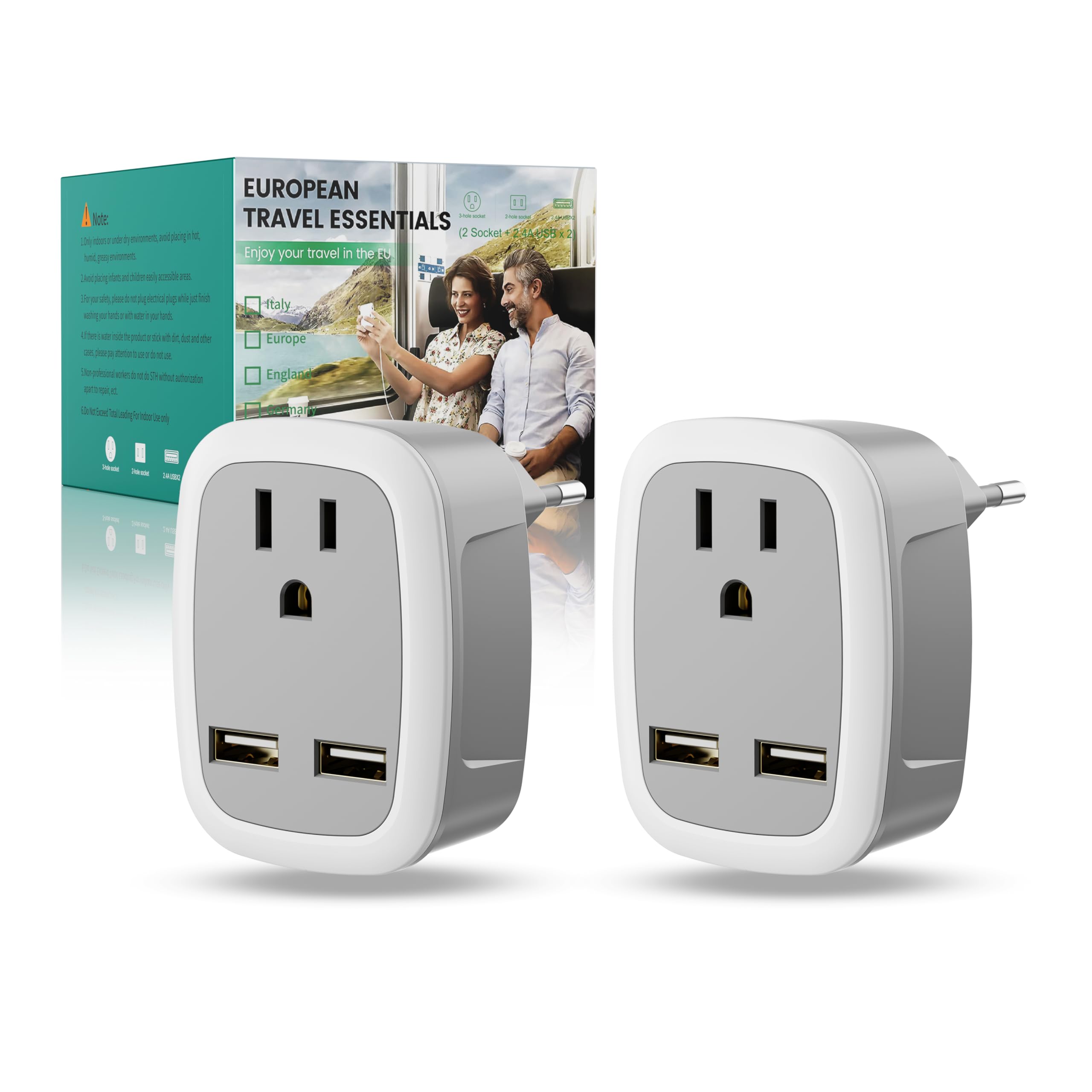 European Travel Plug Adapter, International Travel Adapter with Fast Charing, 2 USB Ports, 6-Proof Type C Power Adaptor Charger for US to Most of