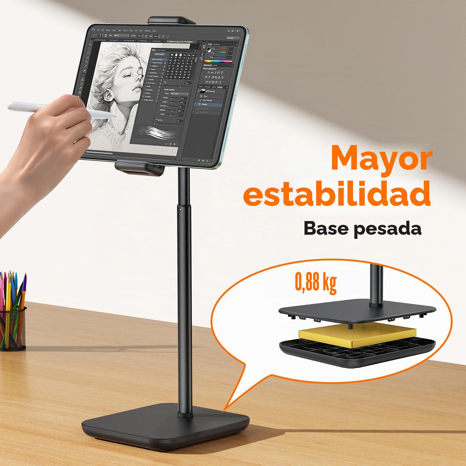tounee Soporte para Monitor portátil y Tableta, Capacidad de Carga de 2 kg, Altura Ajustable hasta 46 cm, universalmente Compatible con Dispositivos de 4,7 a 16 Pulgadas (iPad, iPhone, Kindle)-Negro