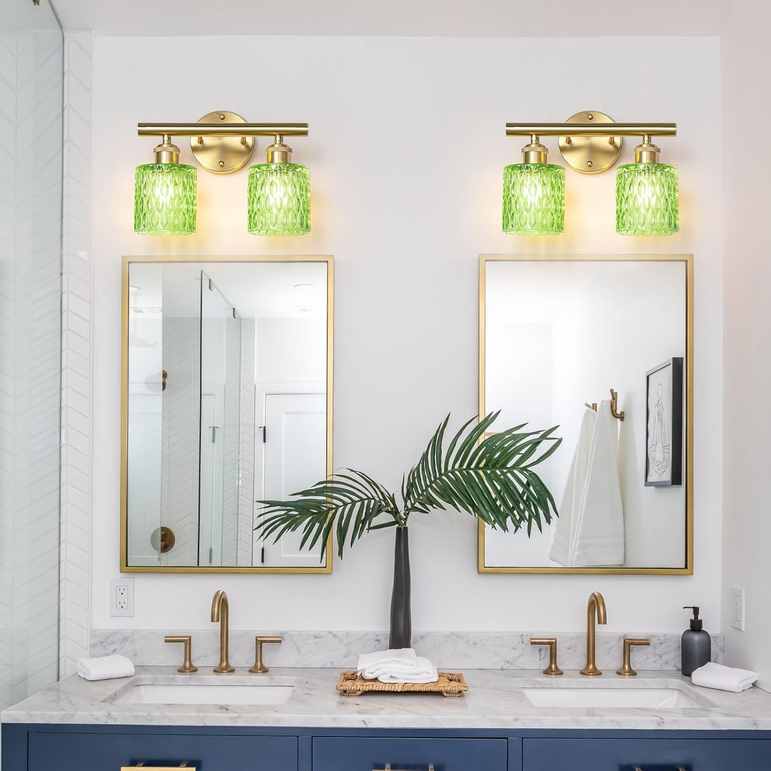 Bathroom Vanity Light, Gold Wall Fixture Over Mirror, Green Glass Shade Lighting with Bulbs Included for Bedroom & Living Room,2-Lights