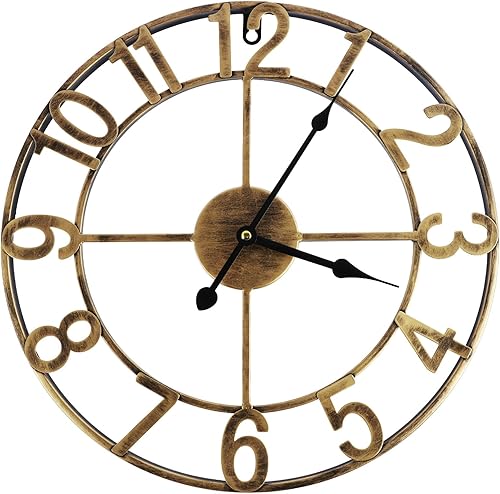 Reloj de pared grande, reloj de pared redondo silencioso de 16 pulgadas, sin tictac, funciona con pilas, reloj de pared de hierro rústico vintage,
