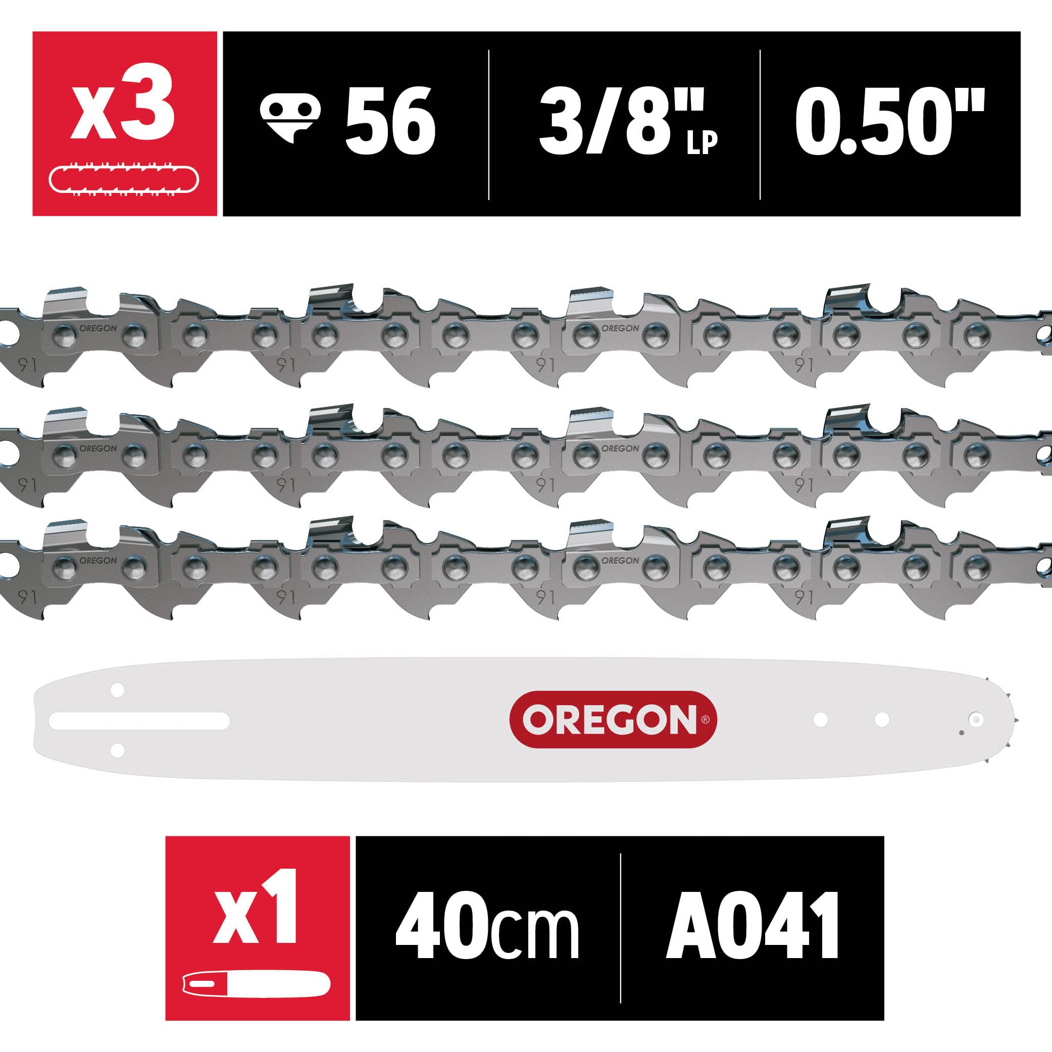 Oregon Pack de 3 Cadenas de Motosierra 3/8" LP para Espadas de 40cm -56 Eslabones, 1.3mm + Oregon guía de rodillos referencia 160SDEA041, longitud de corte 40 cm, para A041