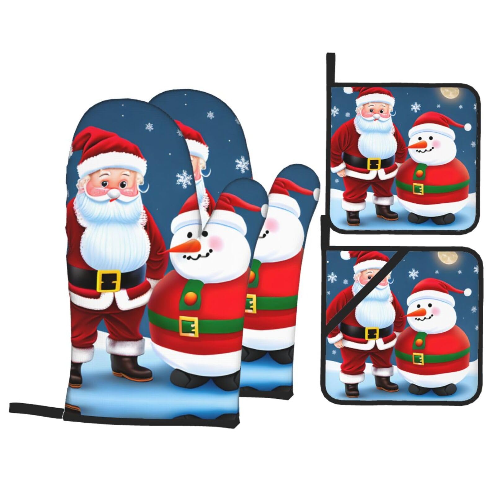 Santa Claus and Snowman Print Stylish 4-Piece Microwaving Oven Waterproof Kitchen Gloves Baking Holiday Cooking