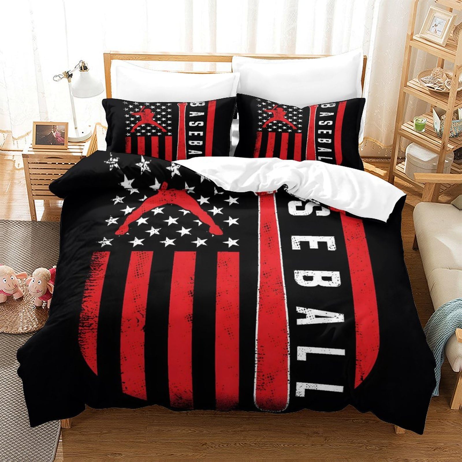 LIAOHENKAN American Flag Baseball Full Size Duvet Cover Set for Teens Adults 3Pcs Ultra Soft Bedding with Zipper Closure Comforter Set Breathable Quilt Set for All Ages Super King（260x220cm）