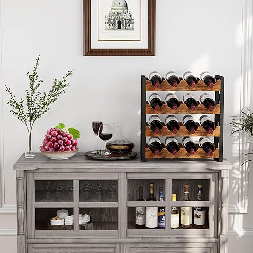 Miniatura 10 de Homeiju Estante de vino independiente para 56 botellas, estante de almacenamiento de madera para vino, estante apilable para botellas de vino con