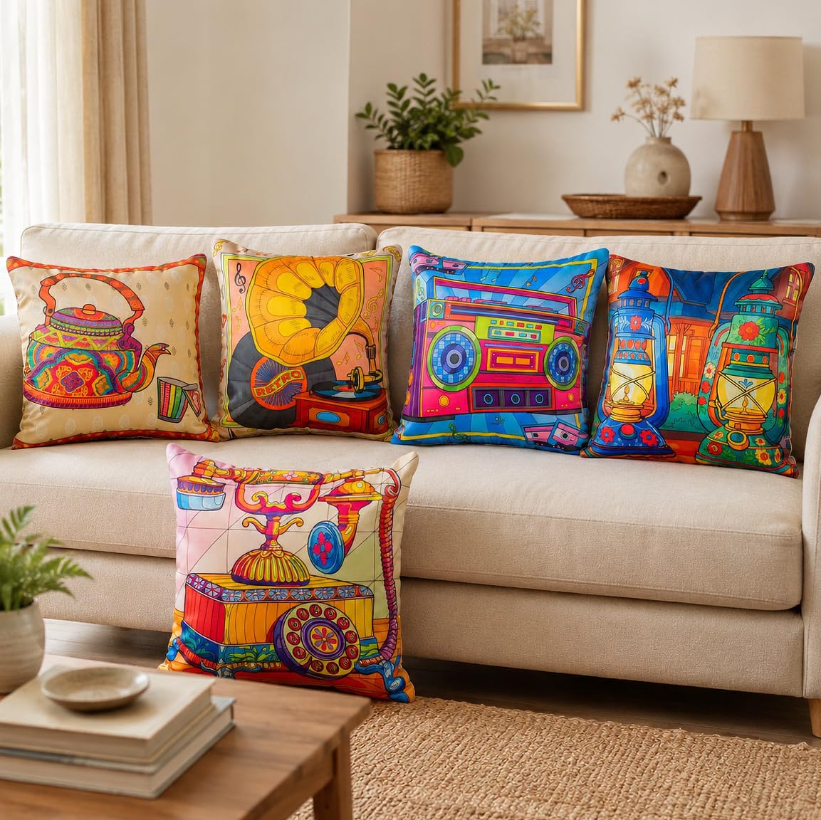 Vendola Satin 250TC Cushion Pillow Covers, Multicolor, Set of 5 (Retro, 16X16 Inches)-image-46