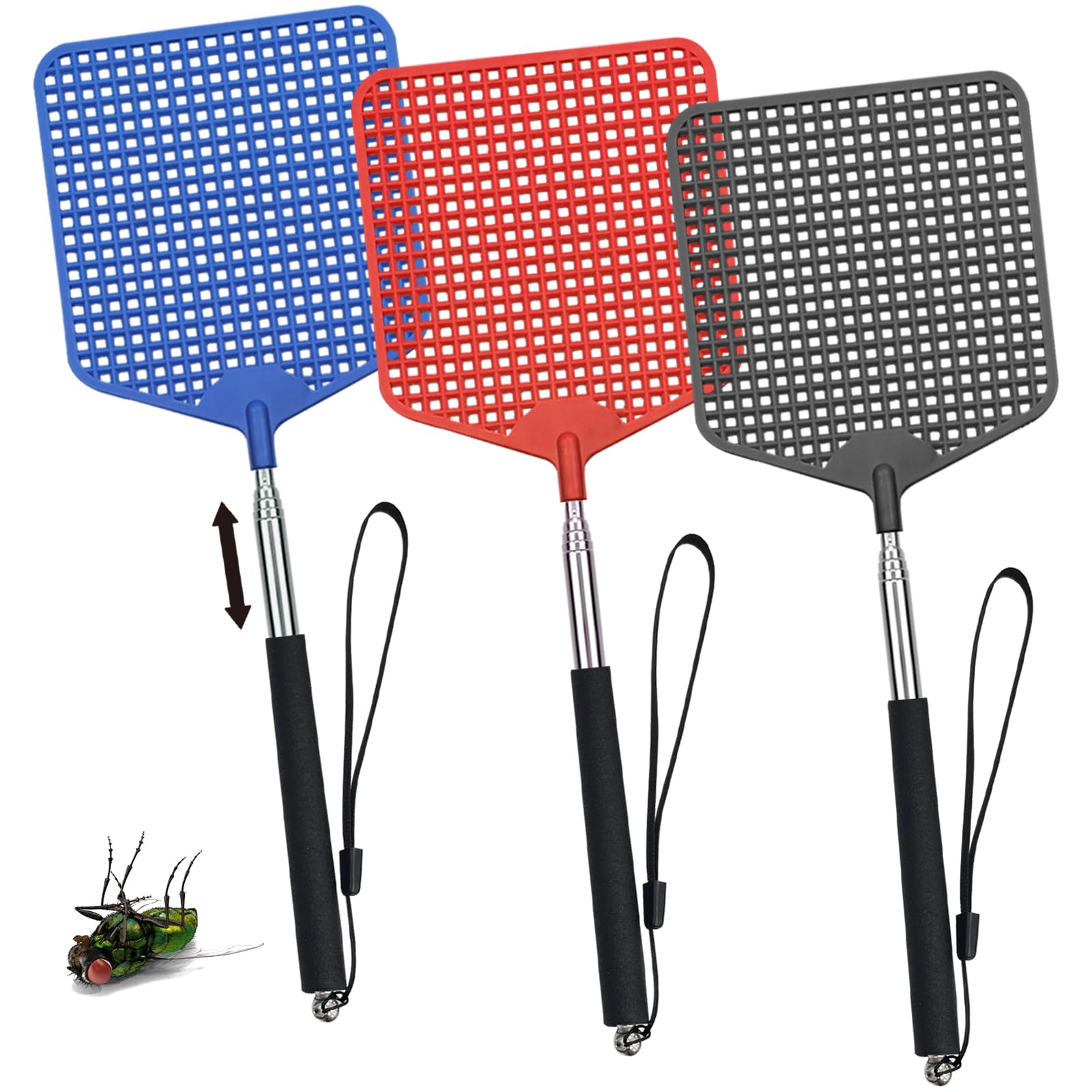 3 Pezzi paletta mosche,Scacciamosche Estensibile, Colorato Manuale paletta per mosche,Portatile Scacciamosche Plastica per Mosche,Zanzare e Insetti (Negro, Rosso, Blu)