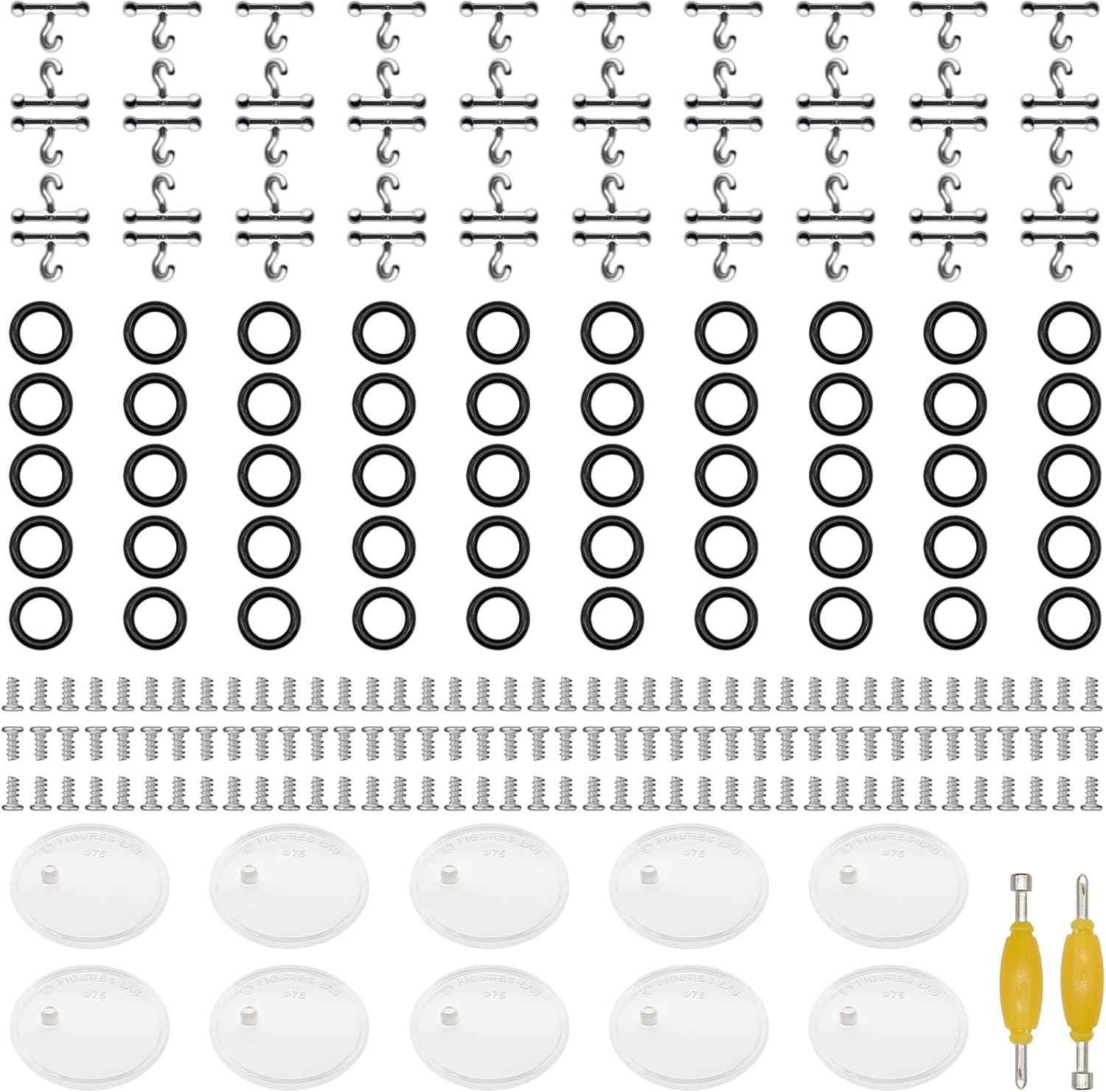 232Pcs 3.75 inch G.i Joe Action Figure Replacement Accessories,Include 50Pcs T Hooks+50Pcs O-Rings +120Pcs Screws+2Pcs Spanner+10Pcs Figure Display Stands (Clear Round Stands Set-D)