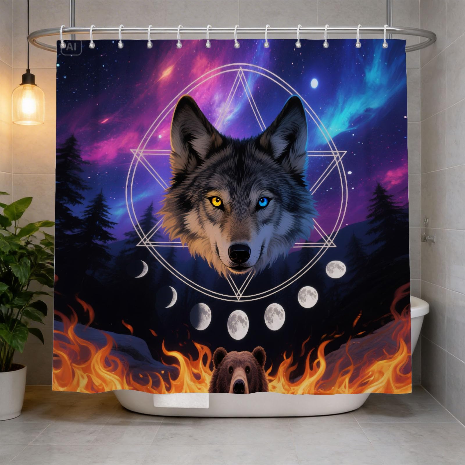 Hongduo 3D Wolf Totem Shower Curtain for Stalls Bathtubs Mystical Bathroom Decor Shower Curtain Set Polyester Fabric Waterproof 120x180cm/48X71 Inch with Hooks