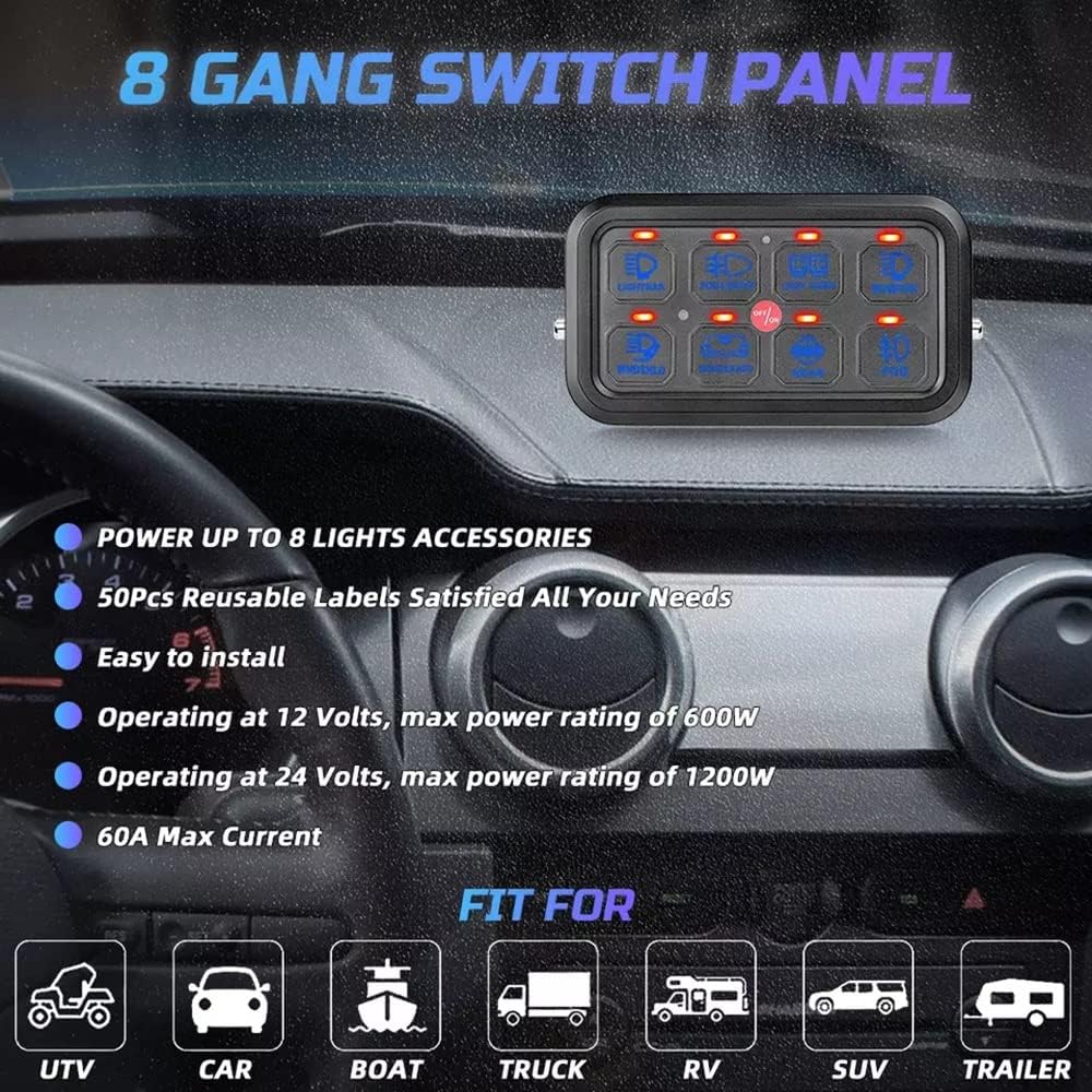 8 Gang Switch Panel, 12-24V Electronic Fuse System, for Car Truck Car Offroad UTV SUV Boat, with Harness and Label Sticker(Blue)
