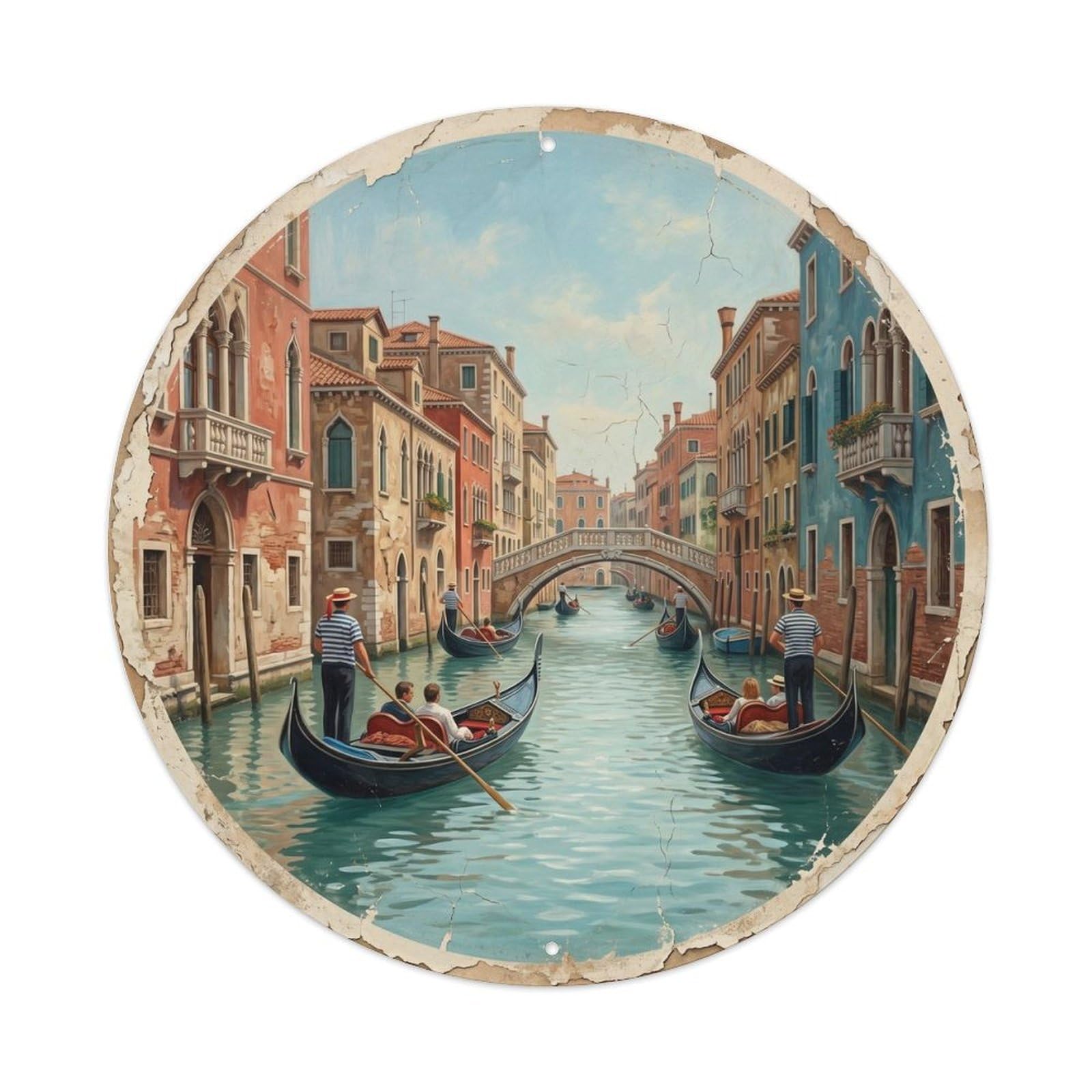 Canal Italy Waterway Historic Travel Cartography Cityscape Metal Tin Sign Plaque Wall Decor for Cafe, Man Cave, Club Bar, Office, Home Garden Round Metal Poster 8x8Inch