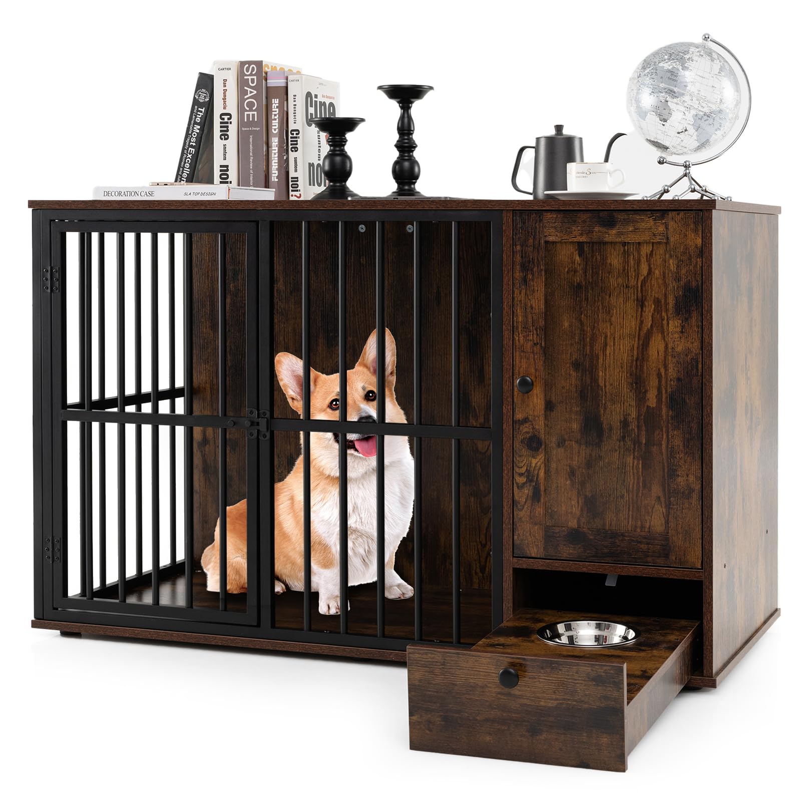 COSTWAY Dog Crate Furniture, 120cm Indoor Wooden Dogs Kennel Side Table with Hidden Pull-out Feeding Bowls, Storage Cabinet, Heavy-Duty Pet House for Small Medium Dogs