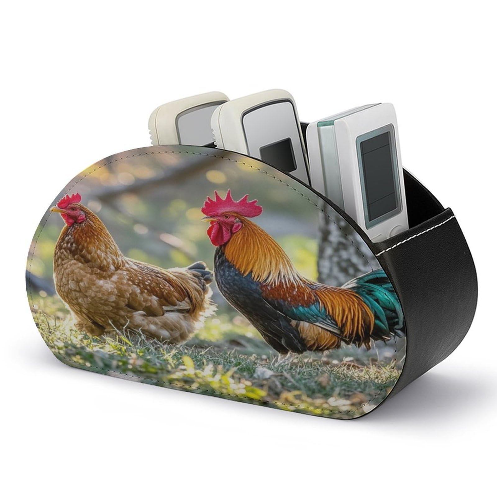 FekiLoot Leather TV Remote Control Holder with 5 Compartments Multifunctional TV Remote Holder Bedside Table Remote Caddy Storage Box Beautiful Rooster Hen Remote Organizer for Home Office