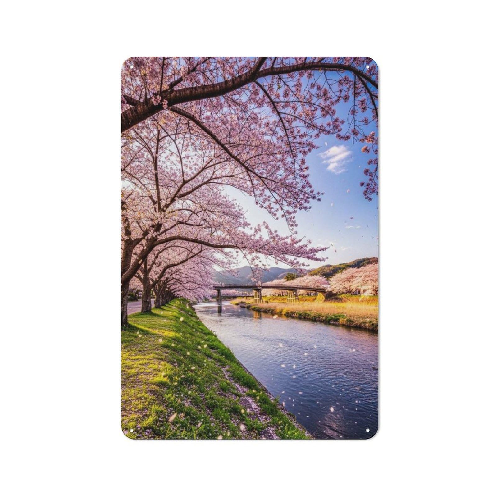 Junmoney Style-19 Modern Retro Decorative Metal Plaque 30X20cm Featuring Cherry Blossoms River Landscape, Loft Wall Plaque For Flat, Bar, Studio Or Gallery Wall