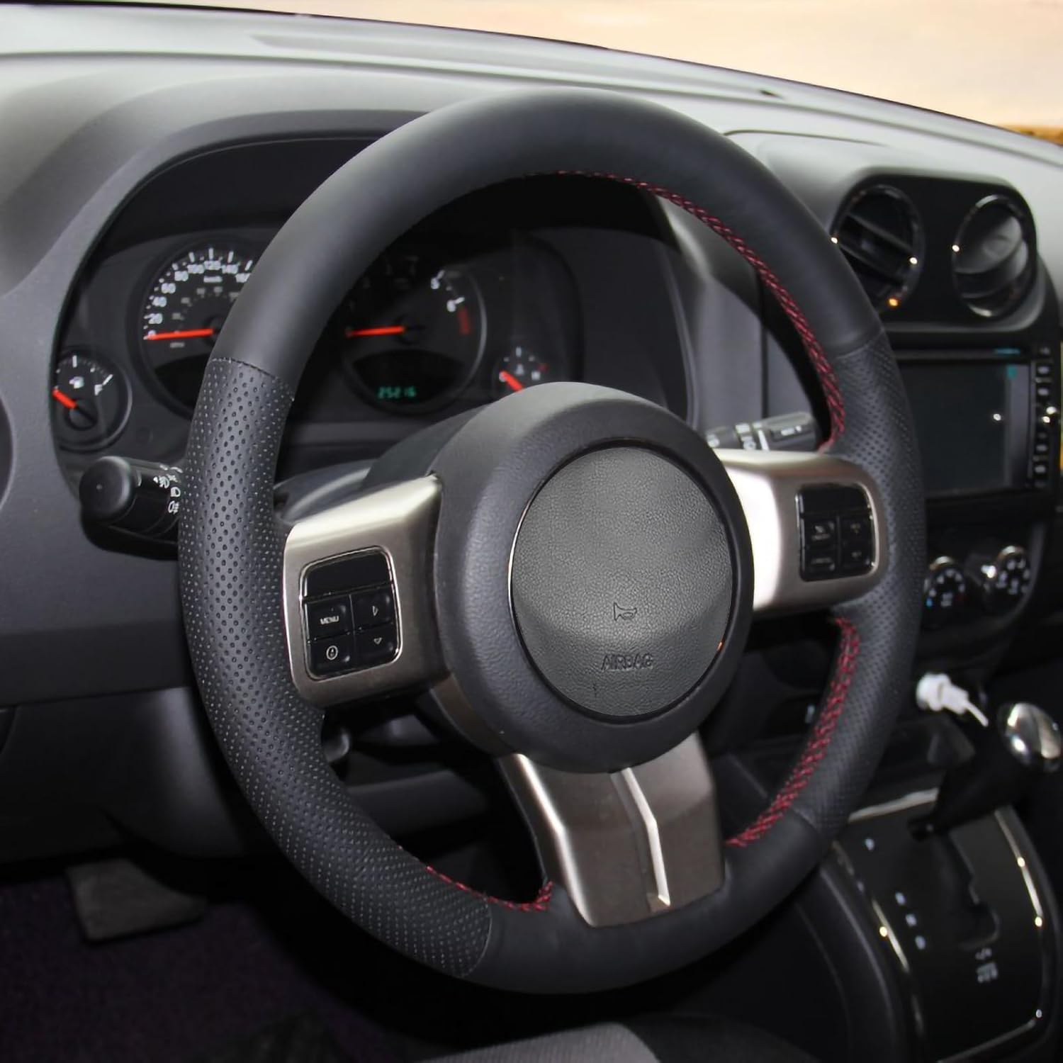 Loncky Genuine Leather Carbon Fiber Custom Steering Wheel Covers for Jeep Compass Patriot 2011-2017 / Wrangler 2011-2018 / Grand Cherokee Laredo 2011-2013 / Liberty 2011 2012 Stitched Accessories