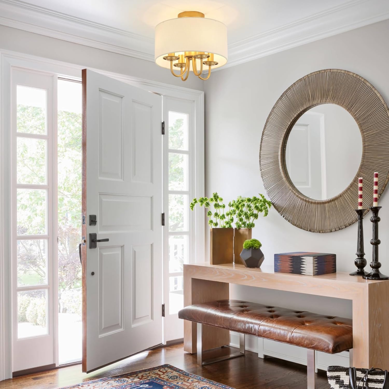 VILUXY Gold Semi-Flush Mount Ceiling Light Fixture with White Fabric Drum Shade Modern Farmhouse Linen 4 Lights Ceiling Lmaps for Bedroom, Dining Room, Corridor, Living Room