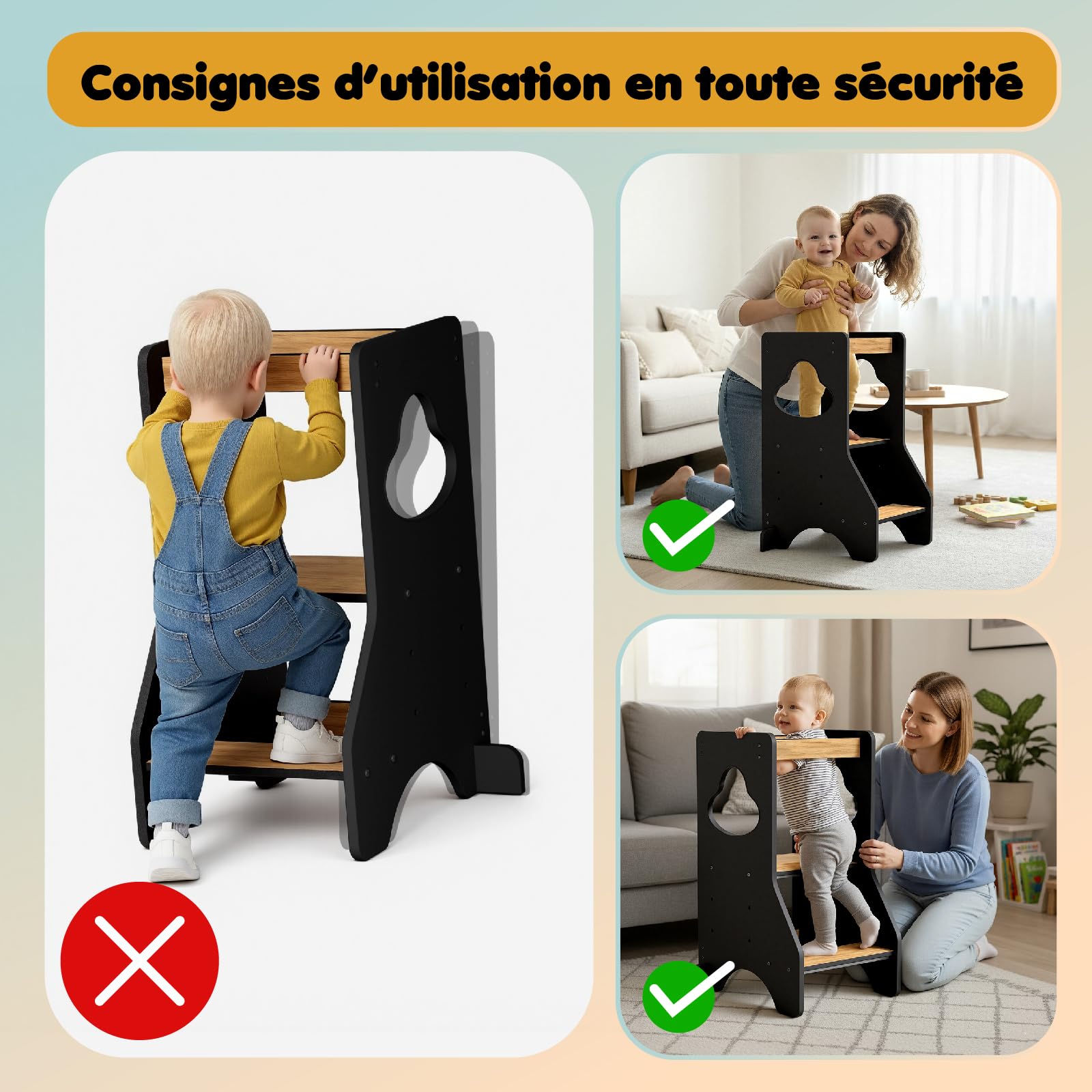 COSYLAND Tour d Observation Montessori Réglable en Hauteur pour Enfants de 18 Mois à 6 Ans, Chaise d Apprentissage Sécurisée en Bois, Design Moderne et Stable, Idéale pour Bébé - Noir/Naturel