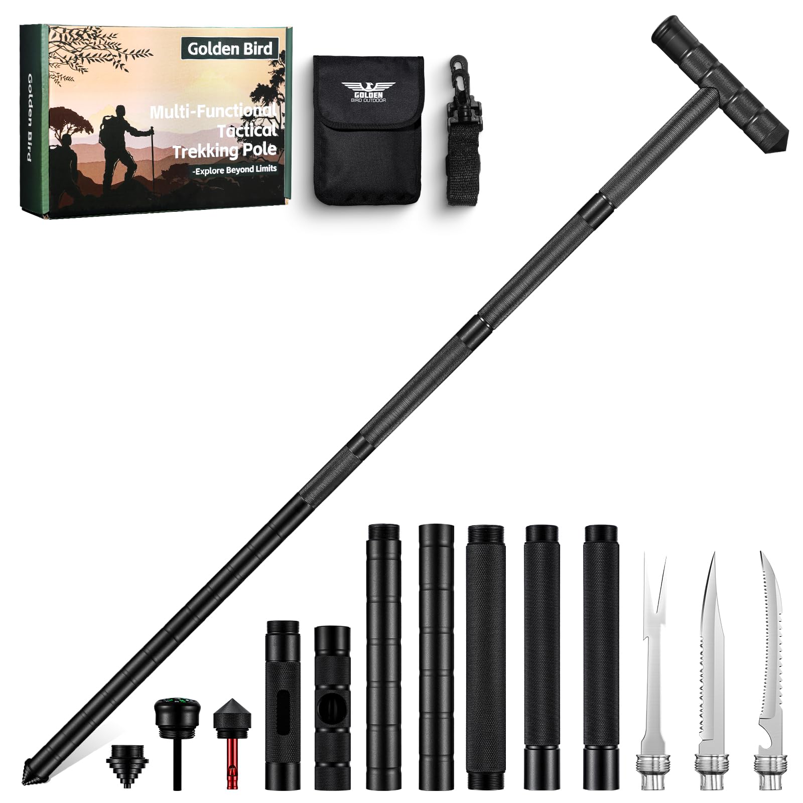 Golden Bird Wanderstöcke 13 in 1 Multifunktionale Wanderstock Trekkingstöcke Survival Verstellbare Aluminium Walking Stöcke mit Messer im Griff für Outdoor Camping Wandern Schwarz Geschenke für Männer