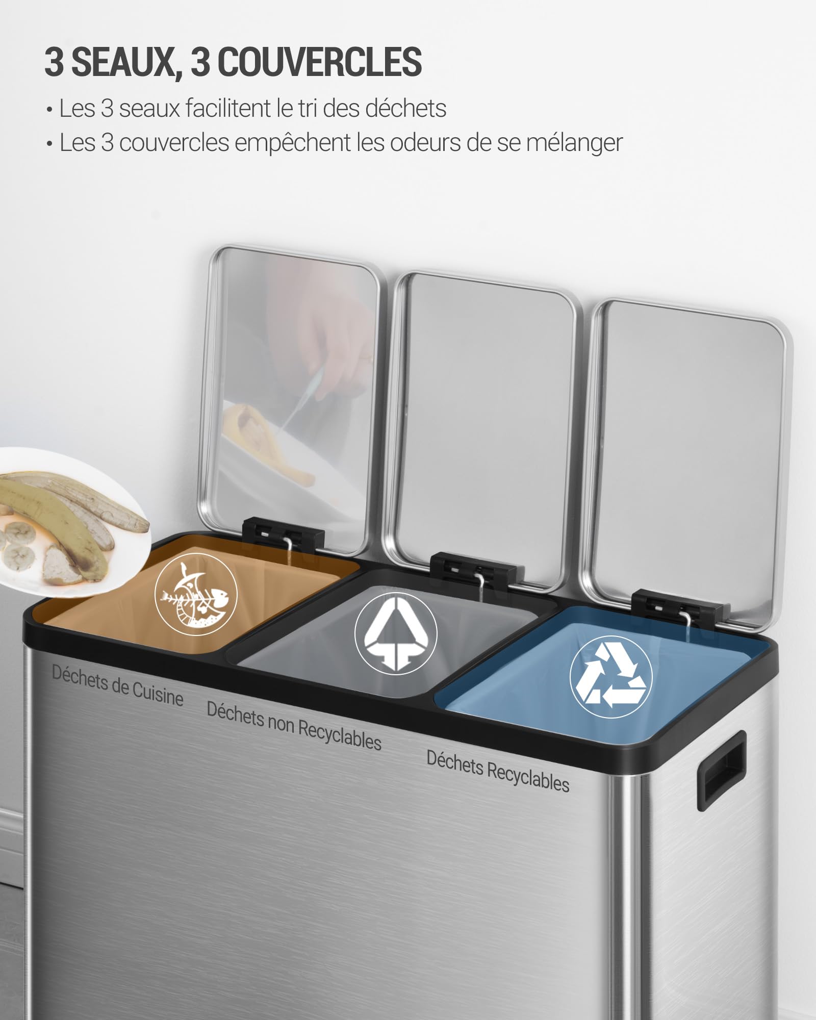 Hzuaneri Poubelle Cuisine, 45L (3 x 15L), Poubelle Tri Selectif 3, Poubelles Tri avec Pédales à code couleur, Ilencieux et retombe lentement, avec 15 Sacs Poubelles, pour Cuisine, Argent SW04599E