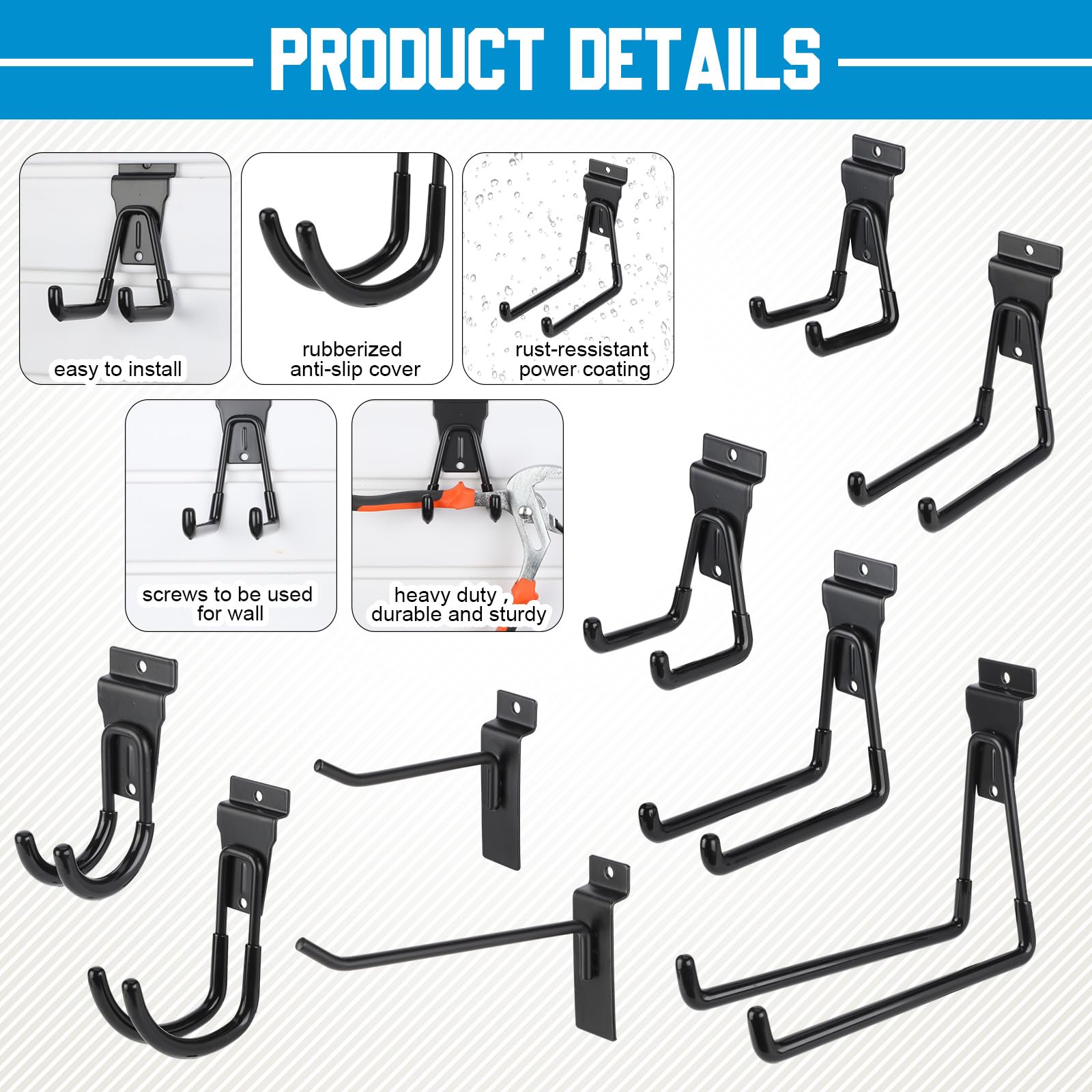 Landhoow 36 ganchos y perchas para listones, 32 ganchos resistentes para colgar en la pared con 4 correas de almacenamiento, surtido de accesorios de listones para almacenamiento, garaje, organización