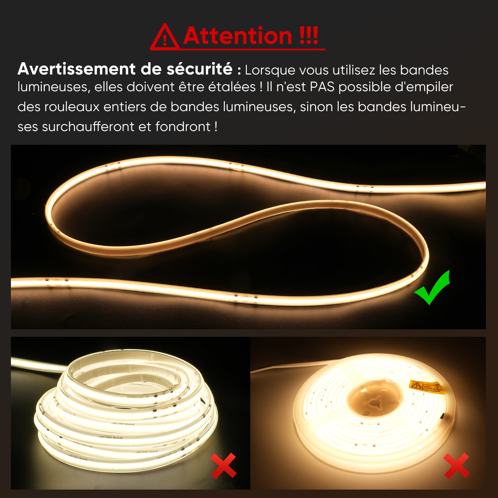 Shine Decor Bande Lumineuse à LED, AC 220V 230V Ruban LED, IP67 étanche, 432 leds/m Ultra Haute Luminosité Bande LED Certifié CE pour pour l'éclairage Intérieur et Extérieur (Blanc Froid,20m)