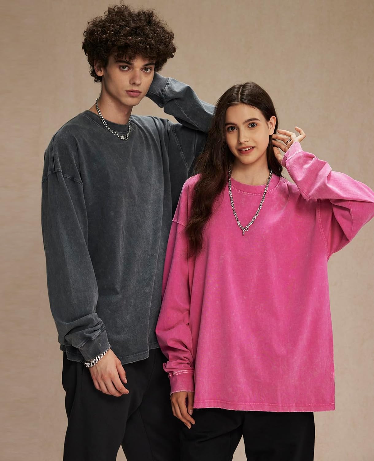 KEEPSHOWING Men's Oversized T Shirts Long Sleeve Shirts for Men Vintage Acid Wash Comfort Colors Crewneck Sweatshirt - Image 3