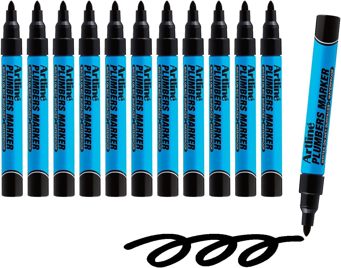Artline Plumbers Permanent Markers, Professional Series, For Use On Wet Surfaces, Waterproof Construction Markers, 1.5mm Bullet Tip - Black, Pack of 12