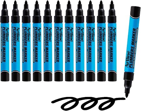 Artline Plumbers Permanent Markers, Professional Series, For Use On Wet Surfaces, Waterproof Construction Markers, 1.5mm Bullet Tip - Black, Pack of 12