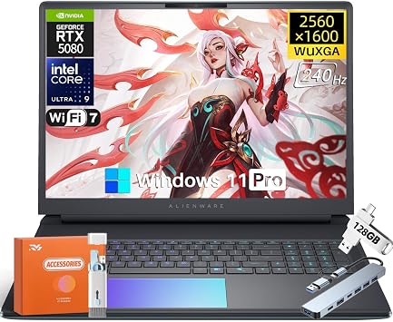 Alienware 16 Area-51 2025 Gaming Laptop, Intel Ultra 9 275HX 24-Core 5.4GHz, RTX 5080 16GB GDDR7, 16" QHD+ 240Hz 500nits Display, 32 GB DDR5, 1 TB SSD, 4K Camera, WiFi 7, RGB Keyboard, Win 11 Pro