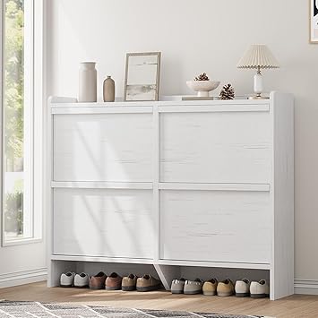 GarveeHome Shoe Cabinet with 4 Flip Drawers, Wooden Shoe Organizer Cabinet with Adjustable Shelf, Shoe Storage for Entryway, Hidden Shoe Cabinet for Hallway, Living Room, White