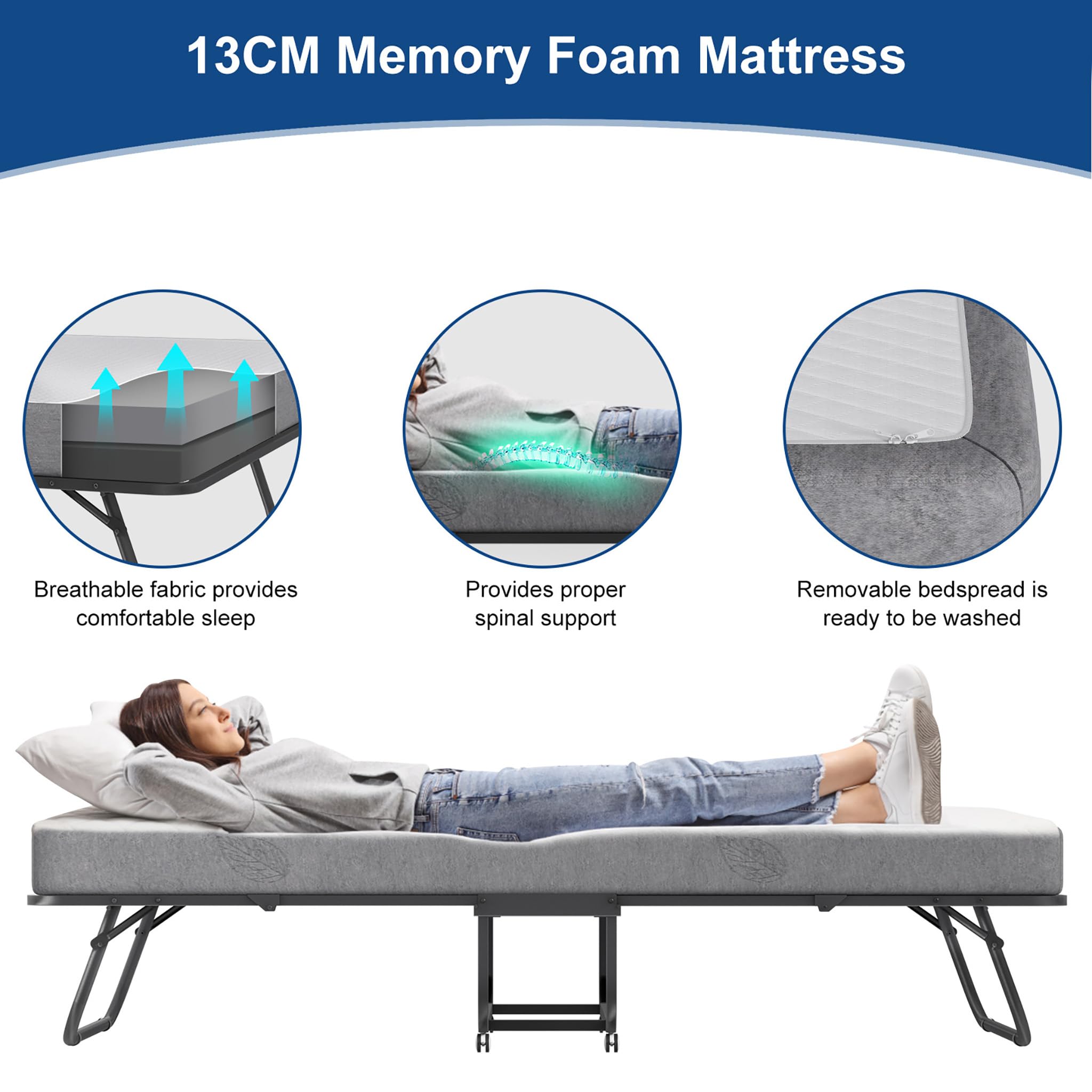 UISEBRT Letto pieghevole 90 x 200 cm – Letto per gli ospiti pieghevole per adulti con materasso in memory foam spesso 13 cm, robusto telaio pieghevole in metallo, letto pieghevole con ruote, capacità