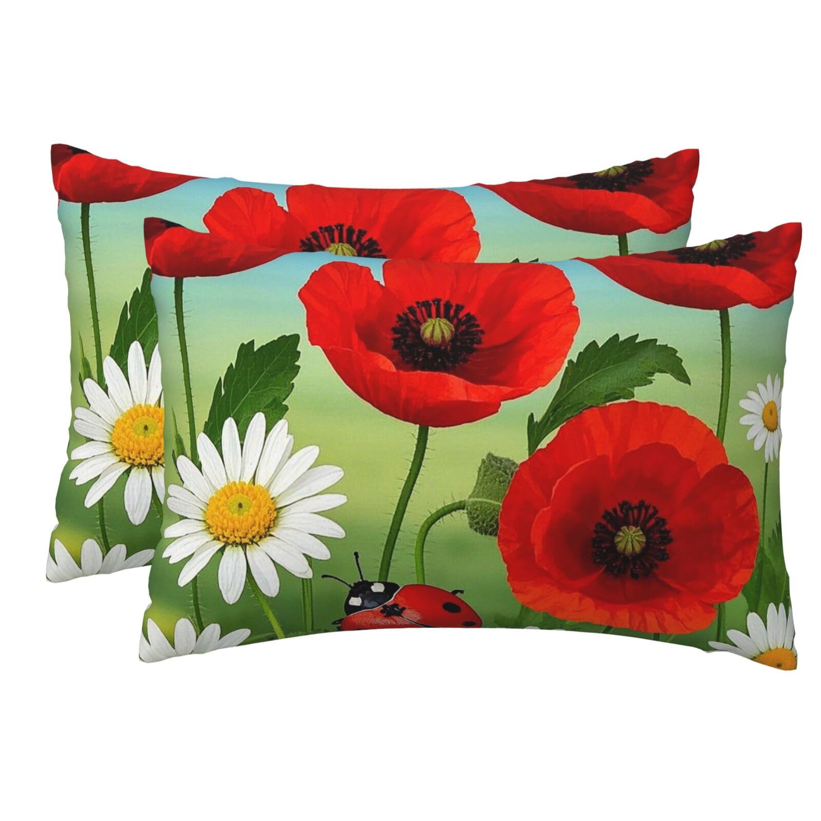 2 Pack Pillow Cases with Hidden Zipper, Soft Breathable Pillow Covers for Hair and Skin, Chamomile Ladybug and Daisy Pillowcases 12"x18" Bed Pillow Protectors Cover for Sleeping Gifts