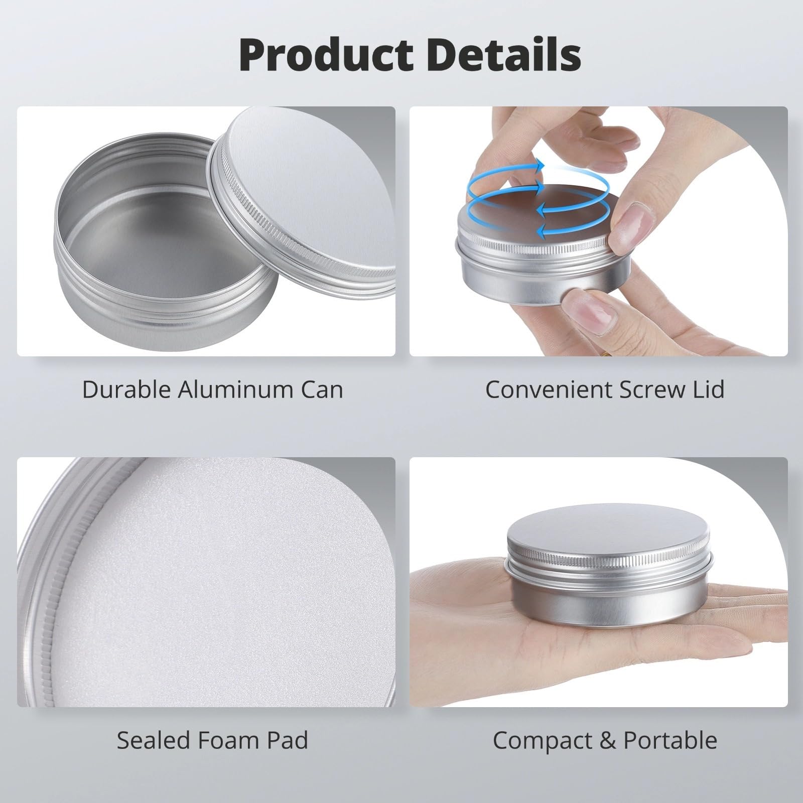Aluminiumdosen mit Schraubdeckel, 60 ml, runde Metall-Aufbewahrungsbehälter für DIY-Projekte, Lotionen, Gewürze, Perlen, 50 Stück
