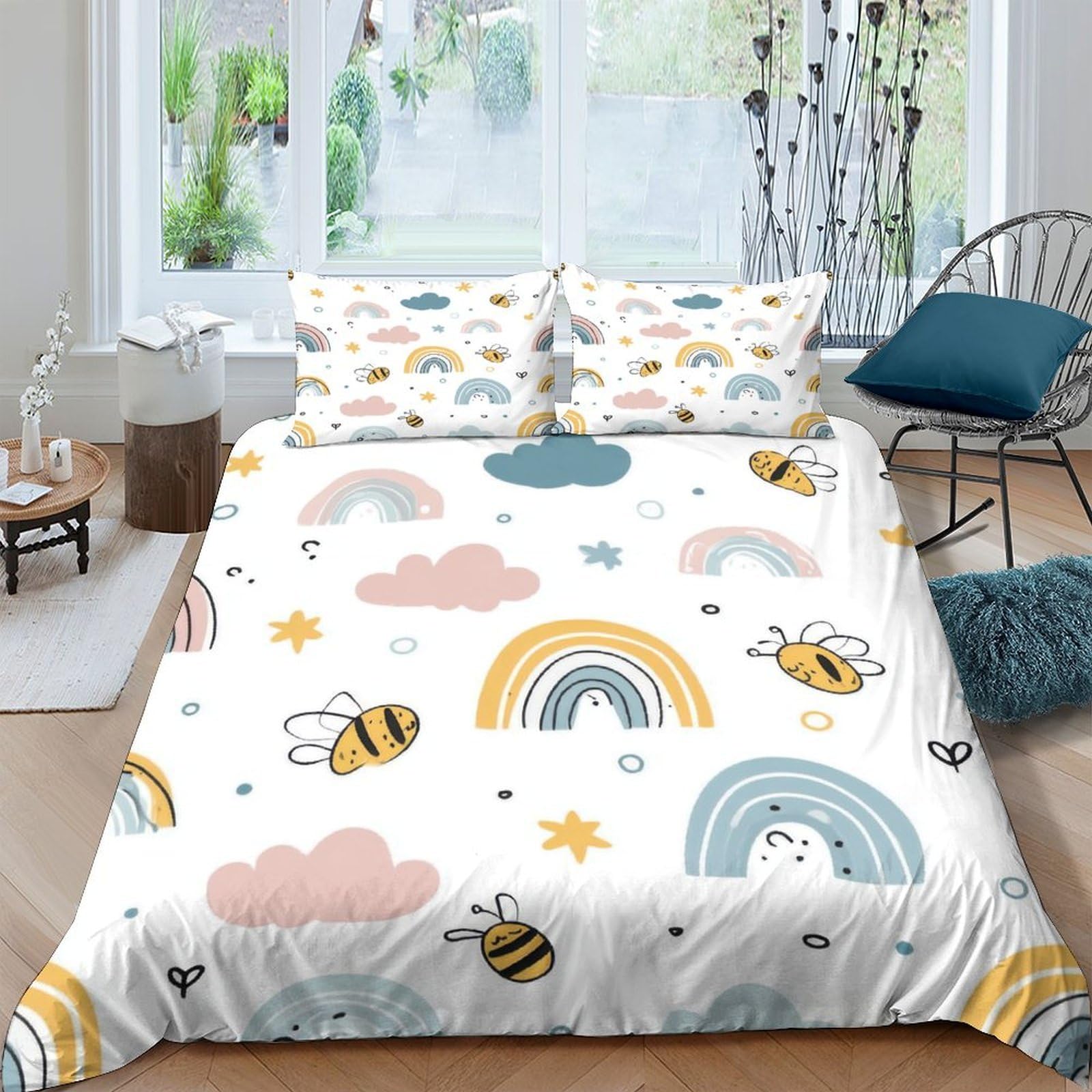 Ctjqhvkz Style-9 3D Printed Rainbow Bee Fitted Sheet Microfiber Soft Breathable Cloud Mattress Cover Bedroom Decor Washable Single（135X200cm）