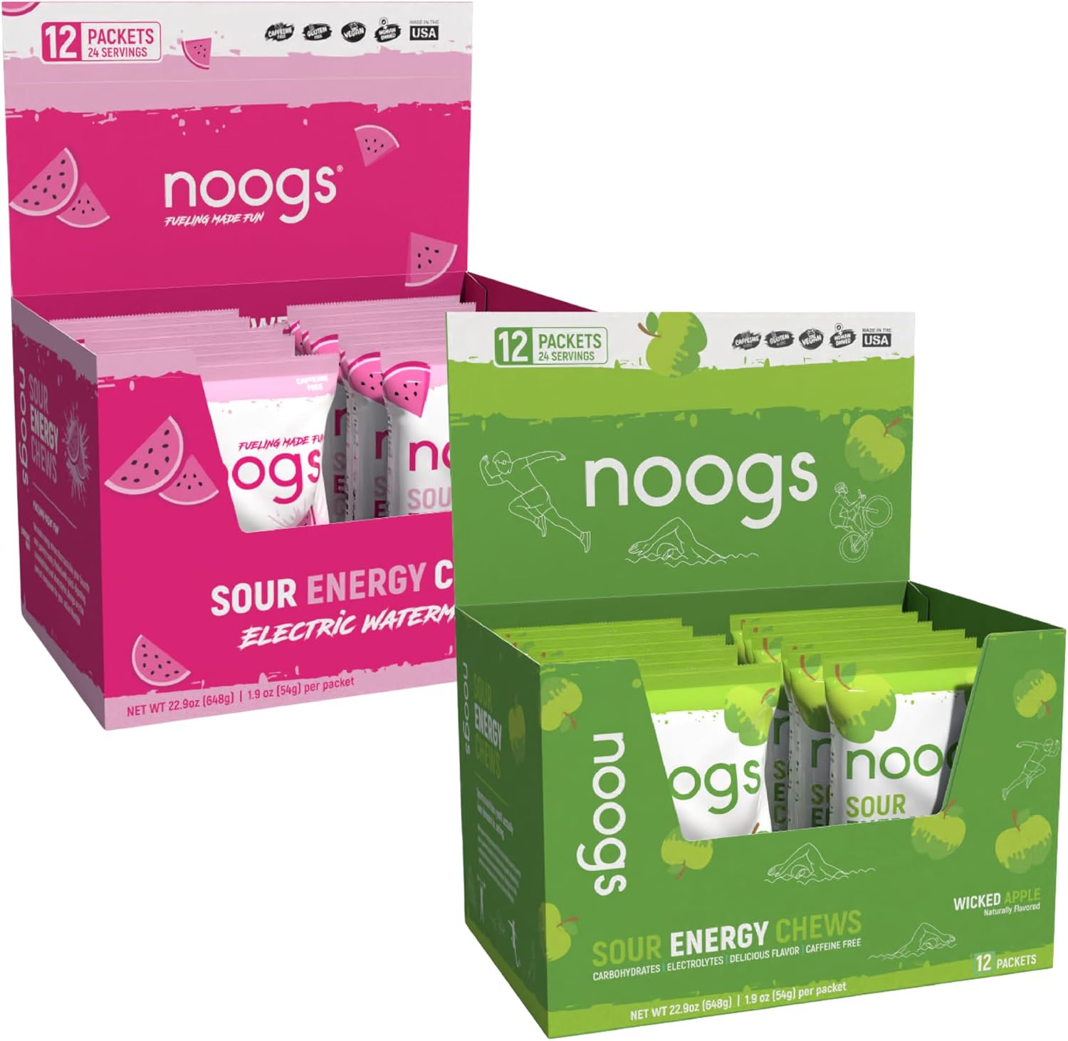 Noogs Electric Watermelon + Wicked Apple Sour Energy Chews Bundle, Electrolyte Energy Gummies, Sour Candy Flavored Alternative to Running Gels, 24 Total Packs