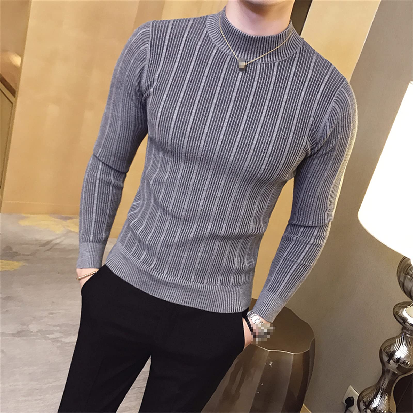 Otoño e Invierno Para Hombre De La Moda A Rayas De Lana Mezcla Casual Cuello Redondo De Punto Suéteres Para Hombre Delgado