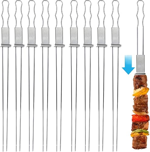 Blue Donuts Paquete de 10 brochetas de Kabob para asar de 17 pulgadas, brochetas con barra de empuje, brochetas de acero inoxidable con cómodo