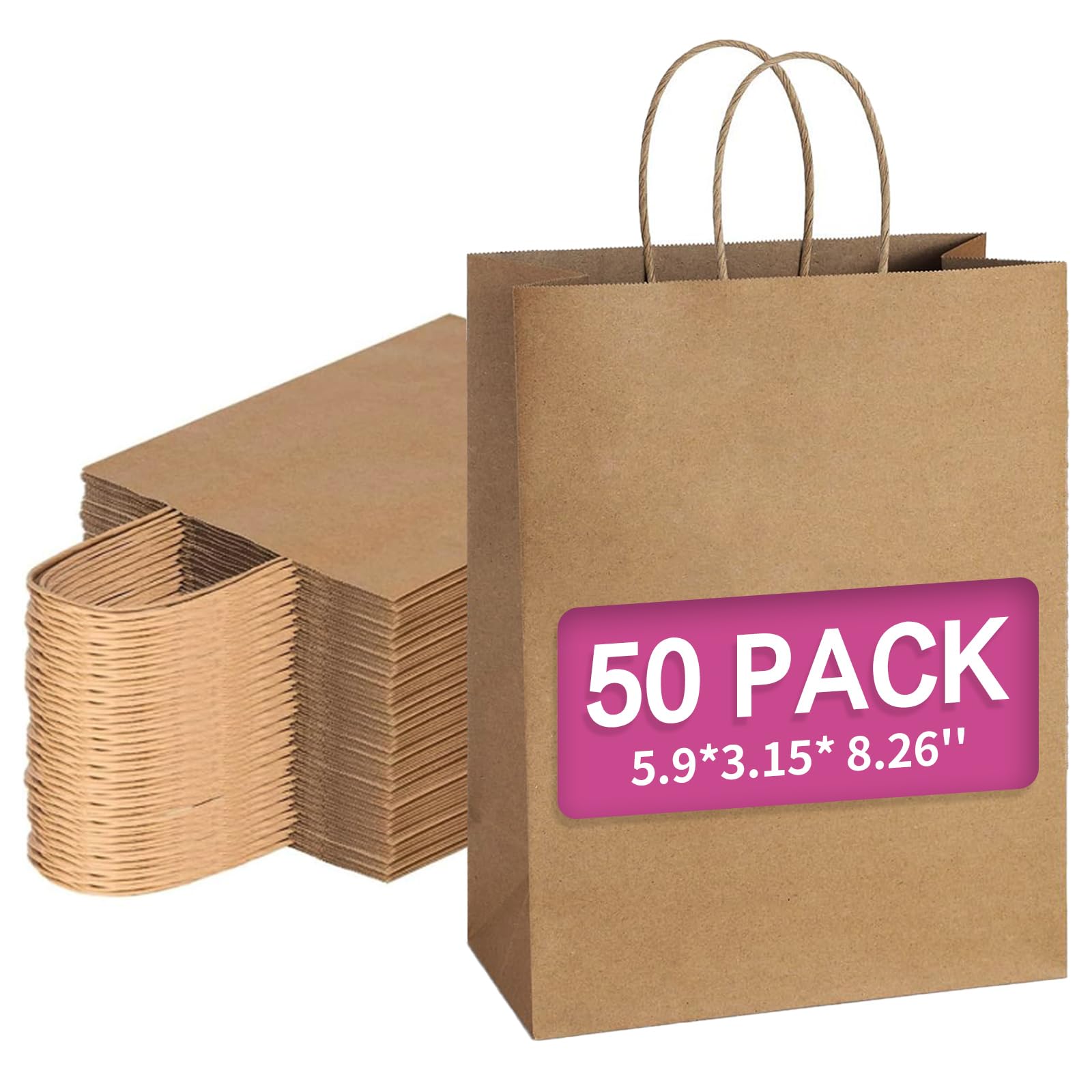 Brown Paper Bags with Handles,Kraft Paper Bags,Paper Gift Bags for Shopping,Christmas,Easter,DIY Birthday Parties & Retail 50Pcs 8.26x5.9x3.15 inches