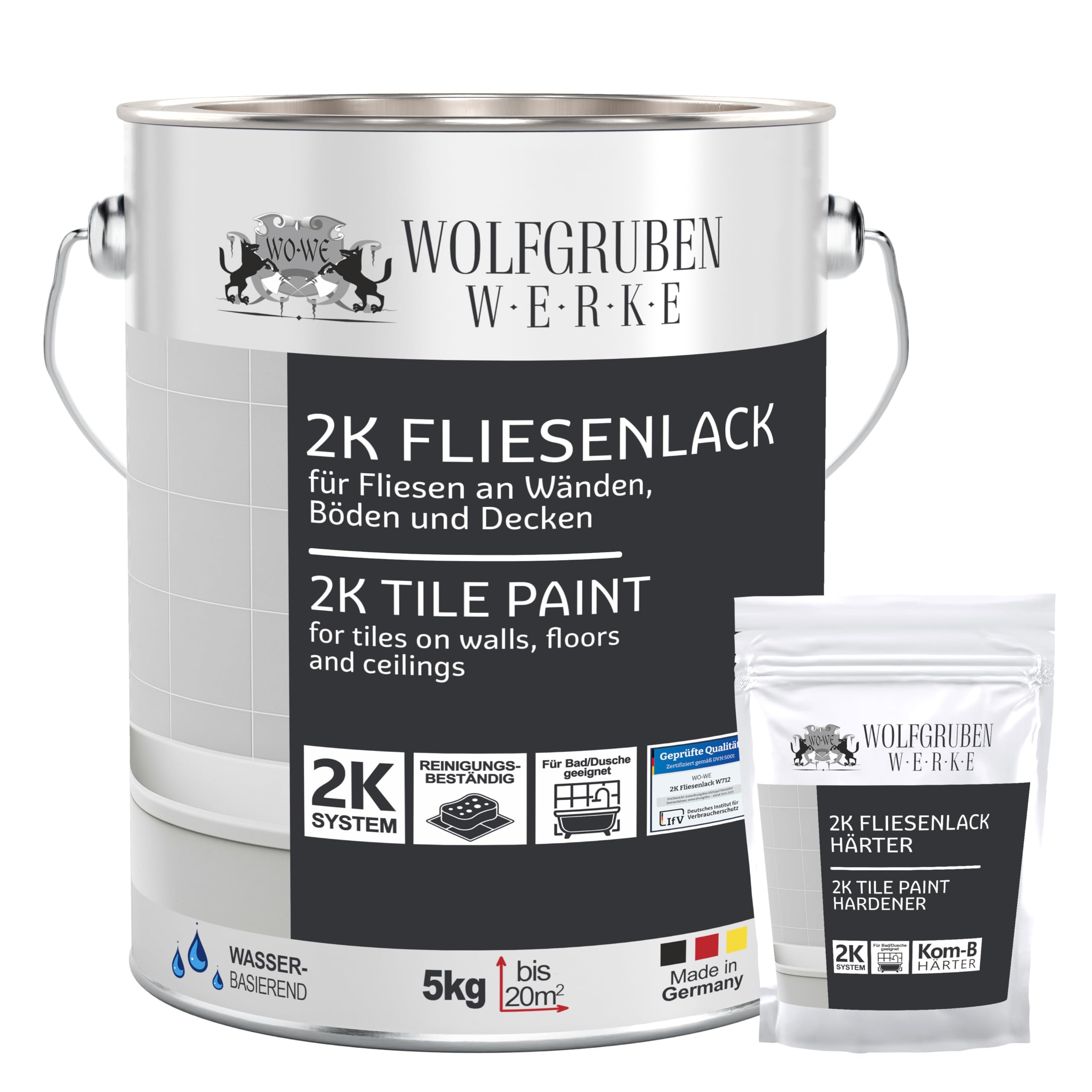 WO-WE 2K Fliesenlack – Fliesenfarbe für Küche, Badezimmer, Wand- & Bodenfliesen – Kieselgrau ähnl. RAL 7032-5Kg