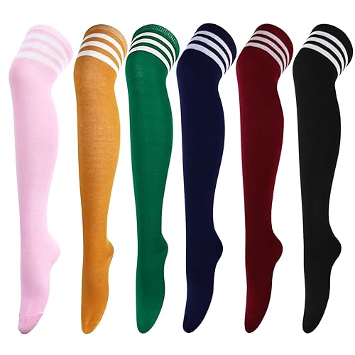 DRESHOW 6 Pairs High Thigh Socks Striped Over Knee Thin Tights Long Stocking for Women Leg Warmer - High Thigh - 6 Pairs High Thigh: Pink, Ginger, Green, Navy, Burgundy, Black