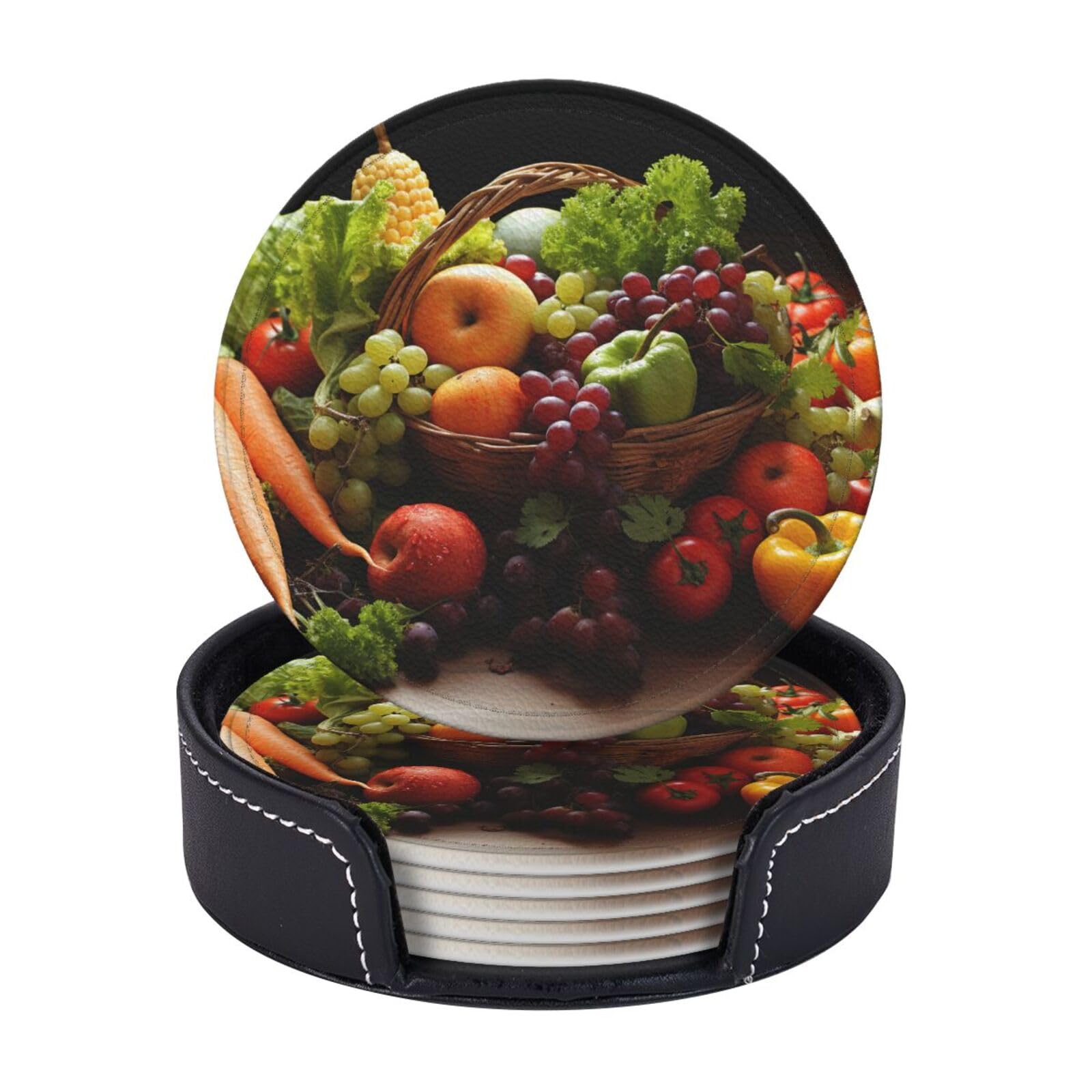 6Pcs PU Leather Coaster for Drinks, Colorful Various Vegetables Cup Coasters with Holder, Aesthetic Drink Coasters for Coffee Table, Round Coaster for Tabletop Protection 4" Cup Mat Pad
