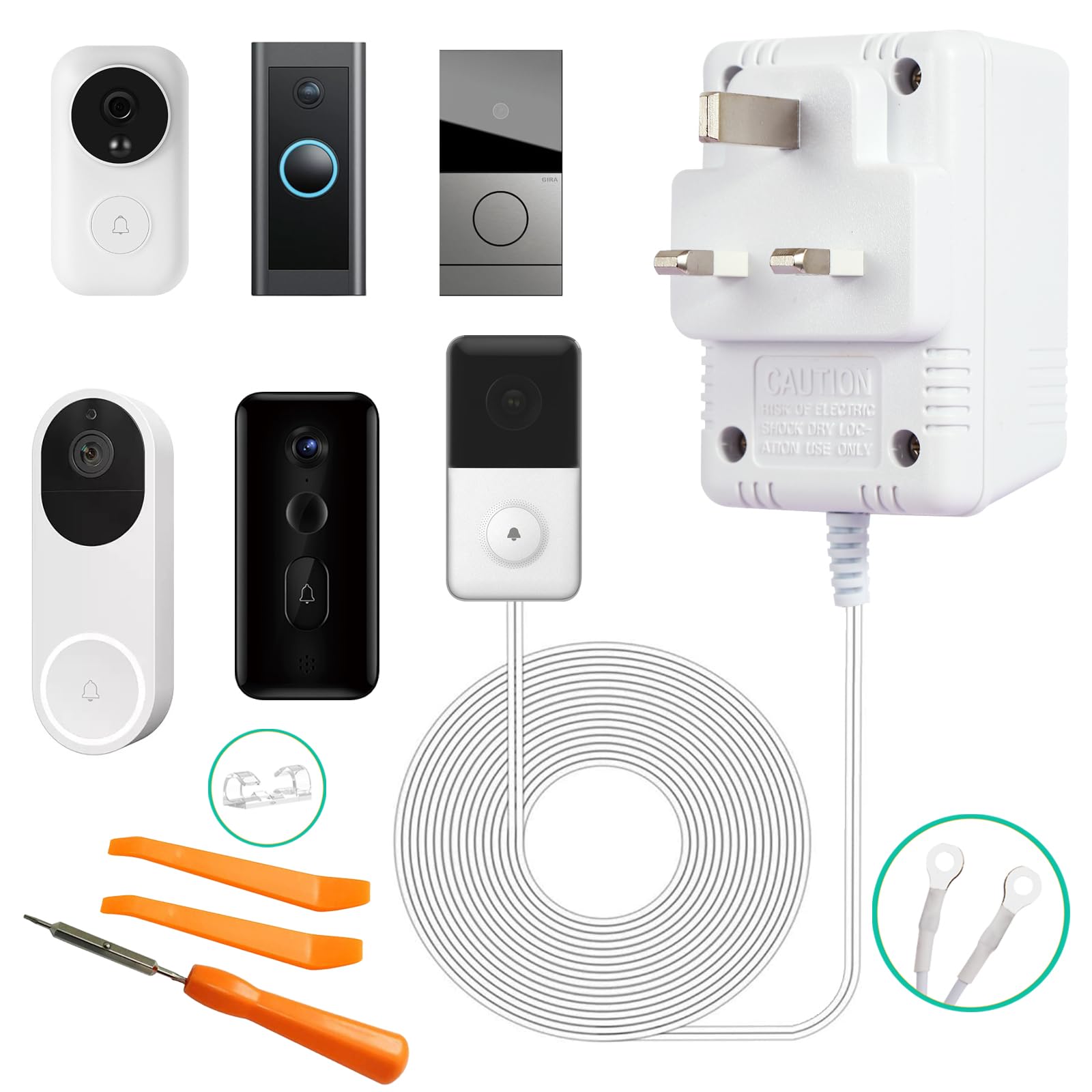 Ring Doorbell Mains Adaptor - 10M Ring Doorbell Adapter Power for Most Versions of Ring Doorbell and Thermostat, with Ring Doorbell Screwdriver and 2 Double Heads Disassemble Crowba, 20PCS Cable Clips