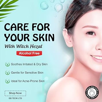 Alcohol Free Witch Hazel– Natural Antiseptic for Acne, Irritated Skin, Sunburn & Puffiness, Cruelty Free Vegan Facial Toner (50ml Cap)