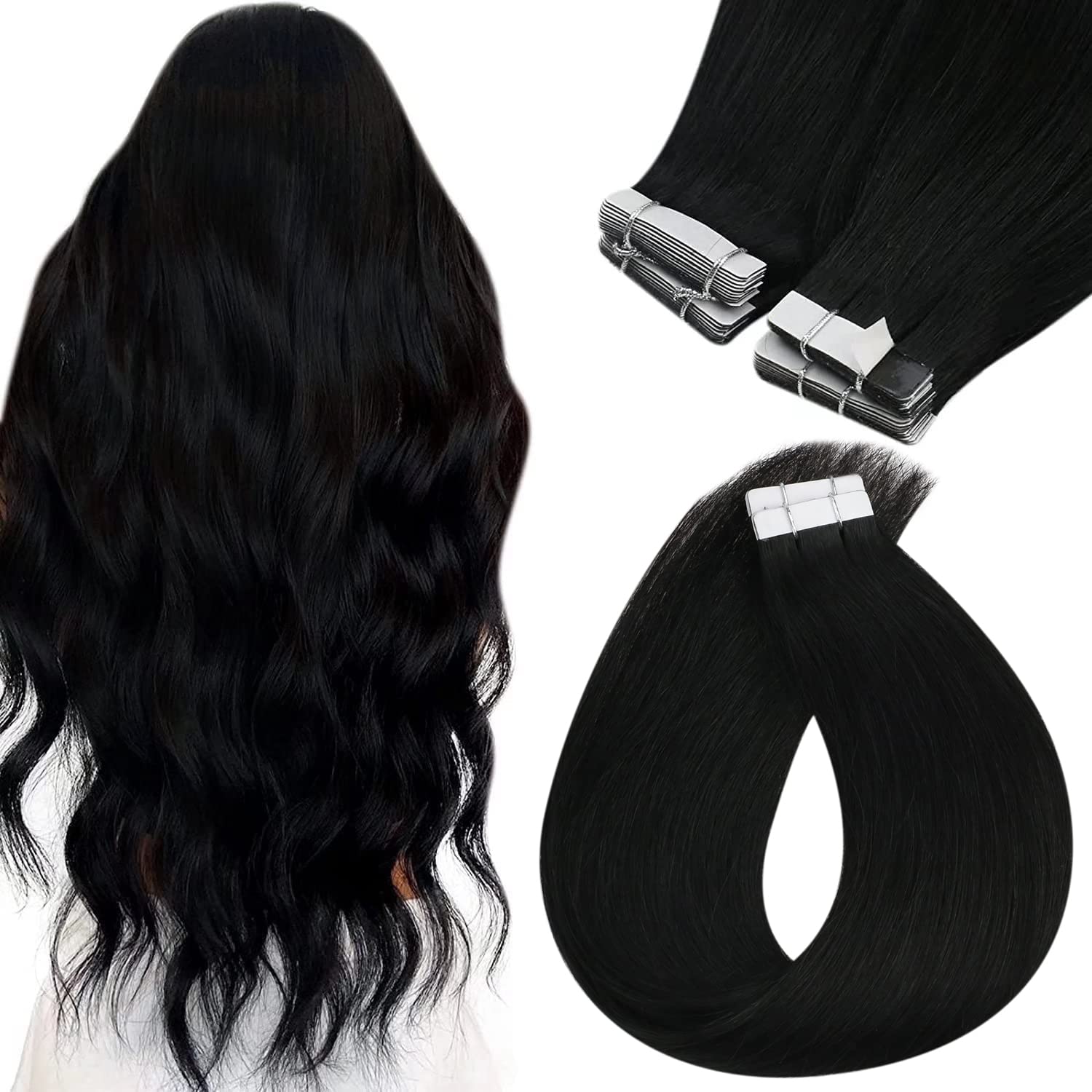 Amazon.com : Sunny 28 inch Tape in Hair Extensions Long Black Tape in Human Hair  Extensions Jet Black #1 Straight Hair Tape in Extensions Real Human Hair  Seamless PU Tape in Black