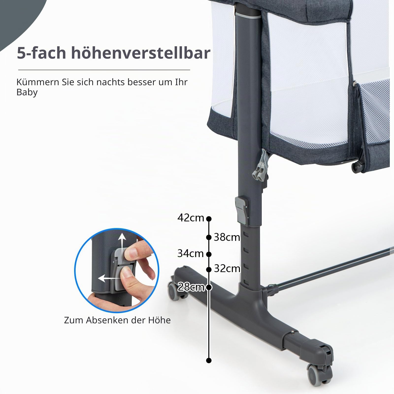 LIFEZEAL 3 in 1 Beistellbett, 5-stufig höhenverstellbares Babybett, Babywiege Stubenwagen mit Matratze, Mobiler Reisebett auf Rollen mit Tragetasch, Kinderbett für Baby ab Geburt bis 9 kg (Dunkelgrau)