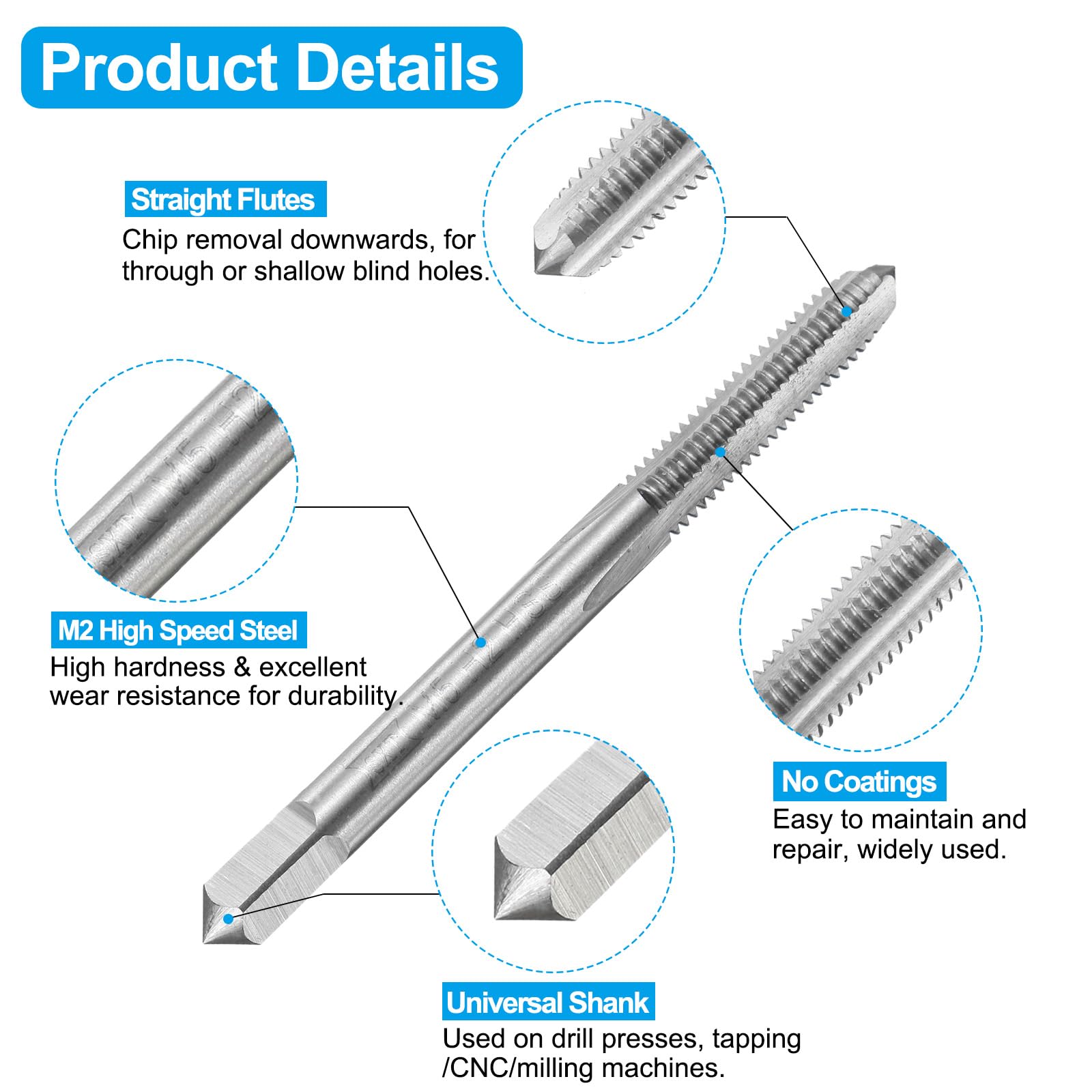 Set di maschi e punte da trapano, 4 maschi per filettatura metrica a scanalatura dritta M5 x 0,8 e 4 punte elicoidali da 4,2 mm, kit di utensili per filettatura HSS-6542 non rivestiti/rivestiti in t