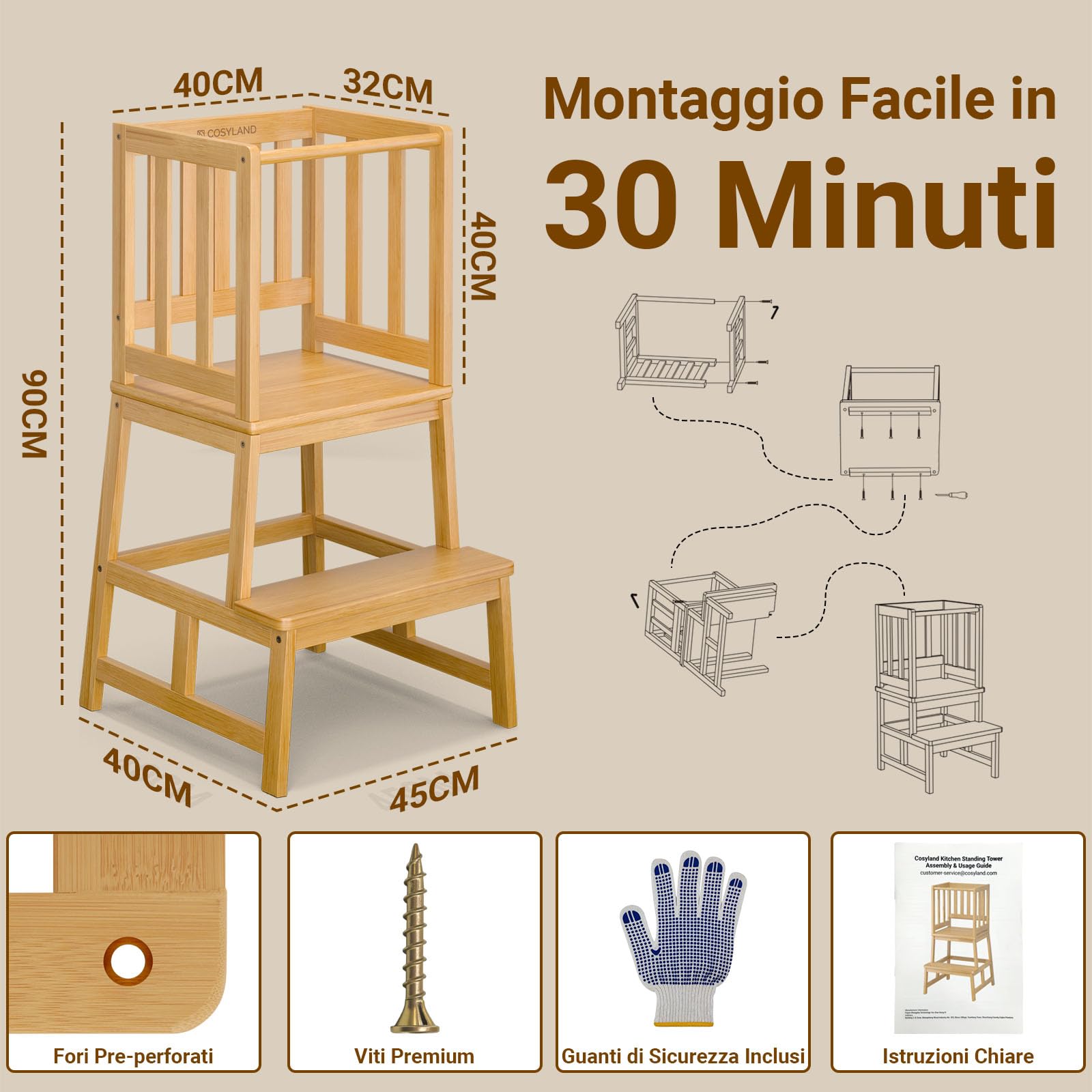 COSYLAND Torre Montessoriana Bambini A Forma di A con Pedana Centrale Rinforzata Bambù Naturale