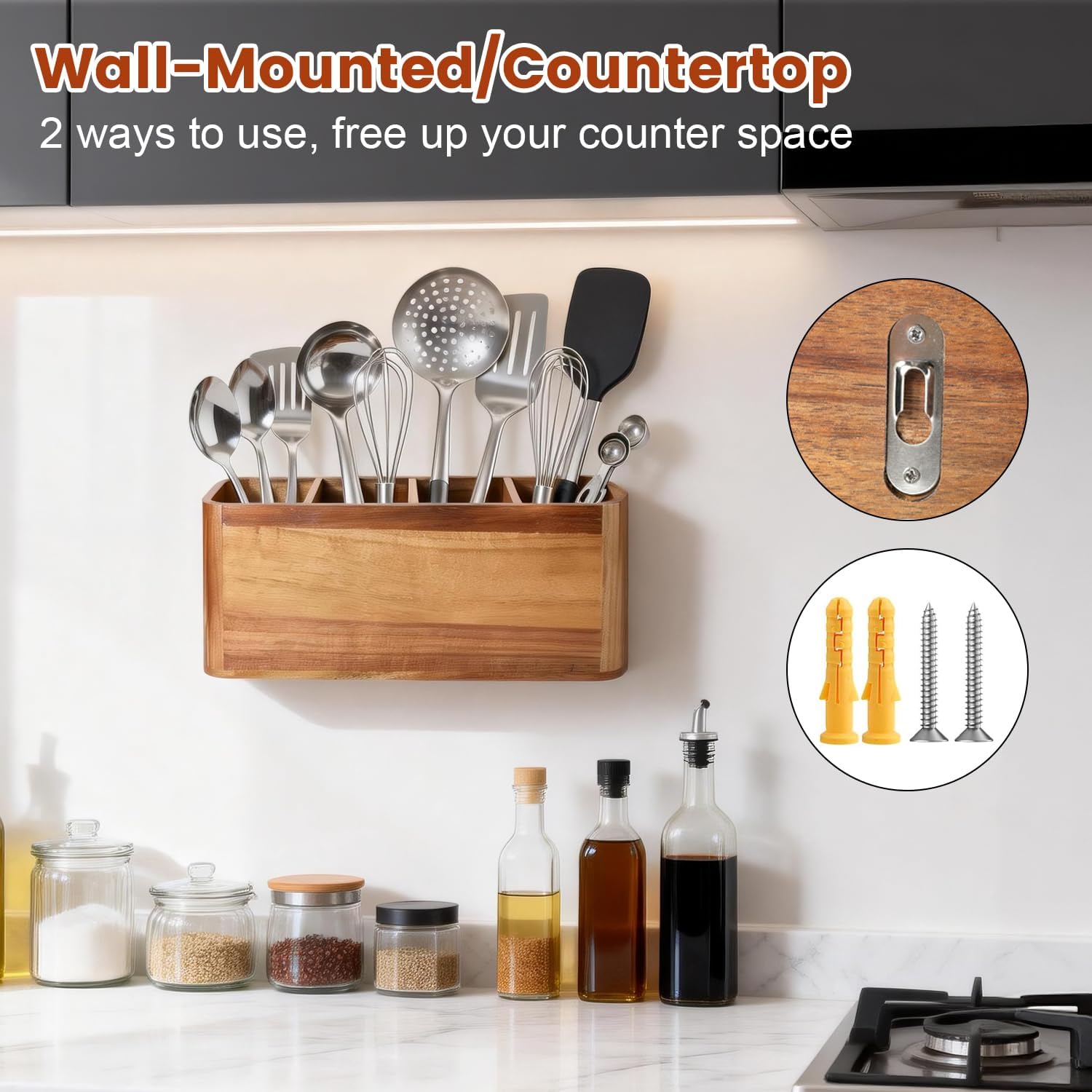 Kitchen Utensil Holder for Counter or Countertop, Large Wooden Utensil Holder with 4 Compartments, Acacia Wood Organizer for Cooking Utensils and Silverware, Ideal Gift for Kitchen Decor