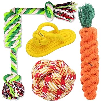 Animals world Toys for Puppies & Small Dogs Toys | Tug of War Dog Toy | Rope Ball Toy | Dog Carrot Rope Toy | Chew Rope Sleeper Toys | Pet Chew Toys Set for Small and Medium Dogs(Pack of 4)