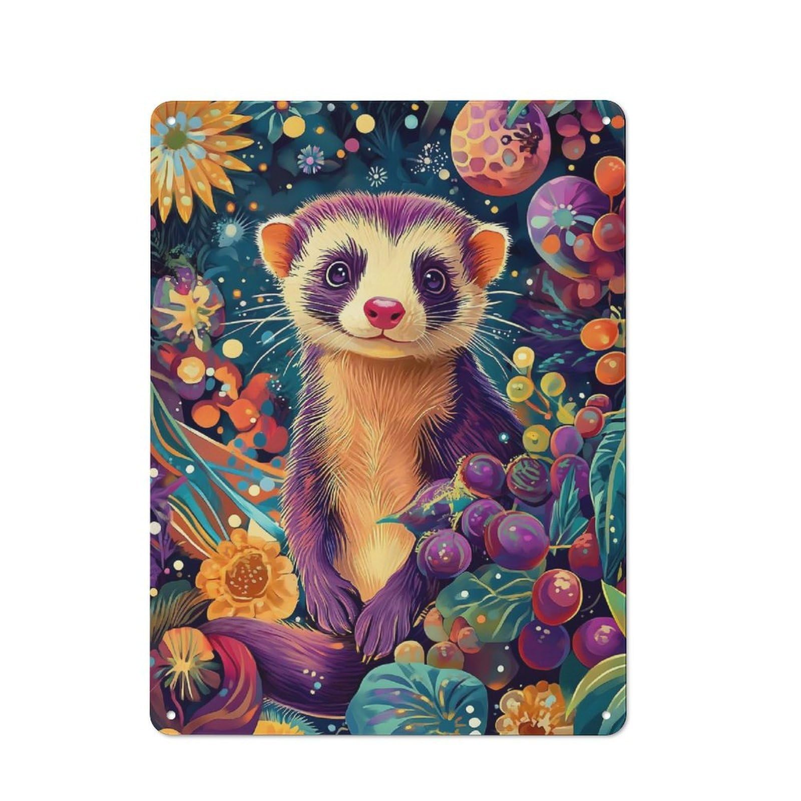 Junmoney Vibrant Ferret Botanical Portrait – Colorful Tin Wall Plaque 40X30cm With Floral Weasel Art For Bar Or Restaurant, Housewarming Present For People Styling Bar And Restaurant