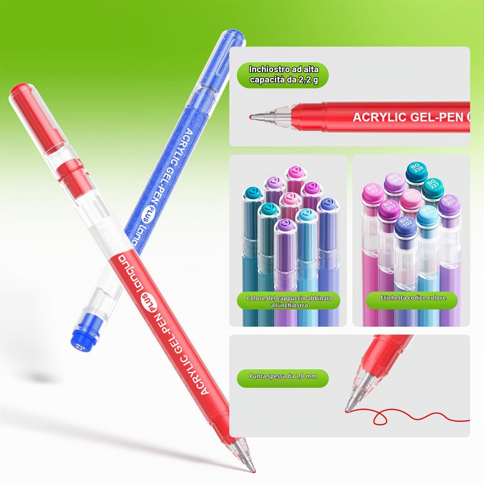 TrendGate Set di 216 penne gel acriliche, tratto 1 mm, 216 colori (144 matite acriliche + 72 matite glitteratiche), set di penne gel per pittura, scrittura e diario per tela, tessuto, carta